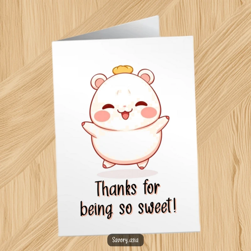 Funny Free Printable Thank You Card: A rosy-cheeked bao bun looks thankful and happy, ready to express gratitude.