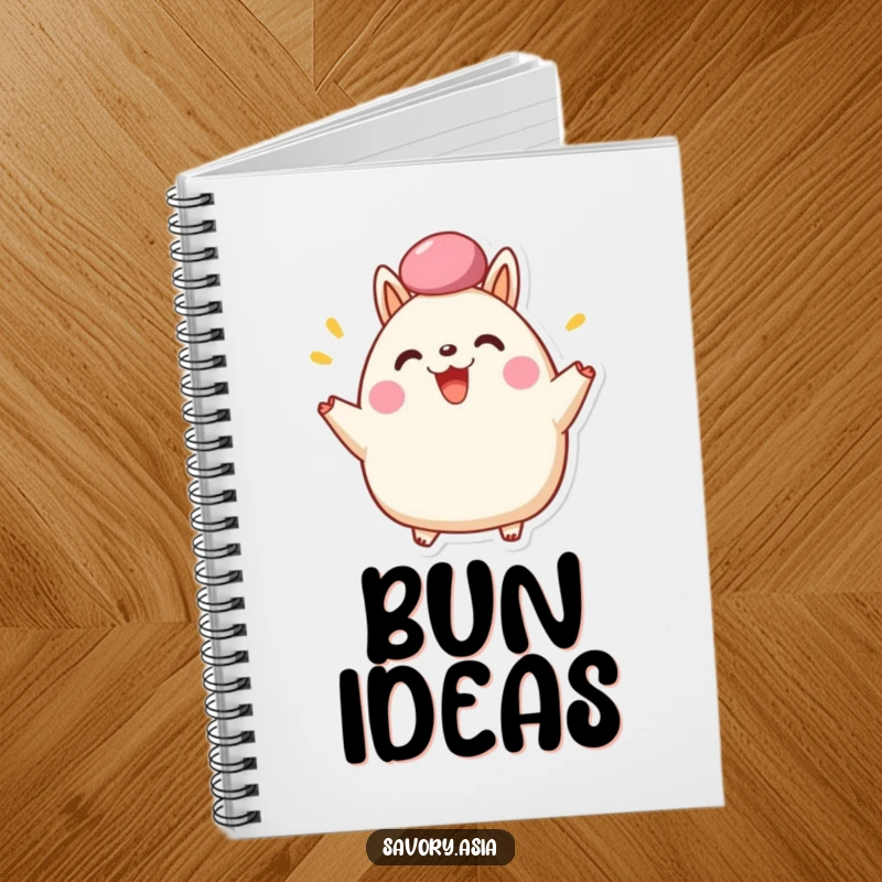 Funny Notebook with a happy bao bun character cheering with its fluffy top, perfect for humorous notes and positive affirmations.