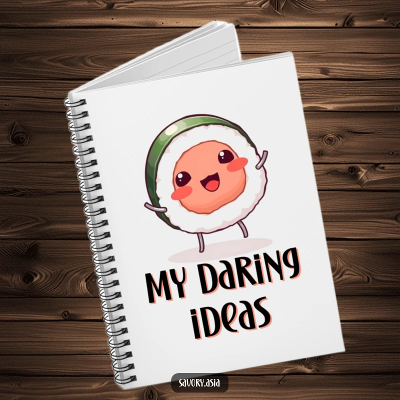 Funny notebook with a giggling sushi piece and tiny legs doing a cartwheel, designed for humorous recipe writing.