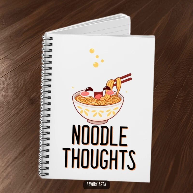 Funny Notebook with a smiling ramen bowl character excitedly slurping noodles, perfect for humorous notes and culinary inspiration.