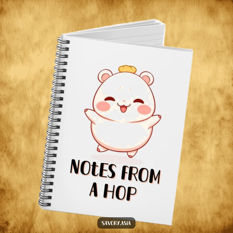 Funny bao bun notebook featuring a rosy-cheeked, cheerful bao bun doing a little hop, perfect for jotting down ideas with cuteness.