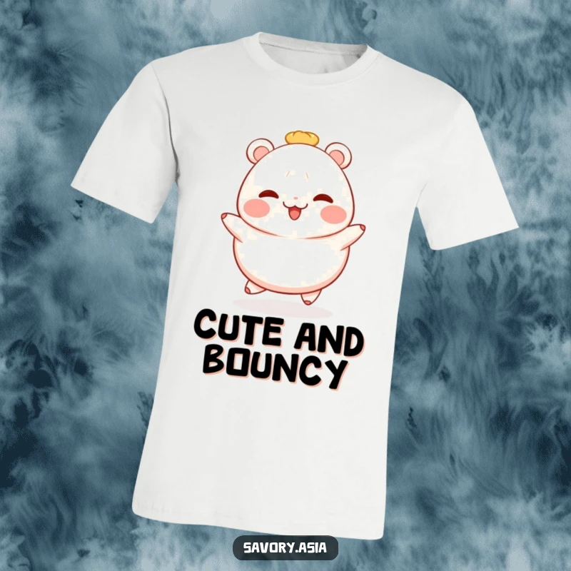 Funny hopping bao bun t-shirt featuring a rosy-cheeked bao bun doing a joyful hop, embodying cheerful and playful vibes.