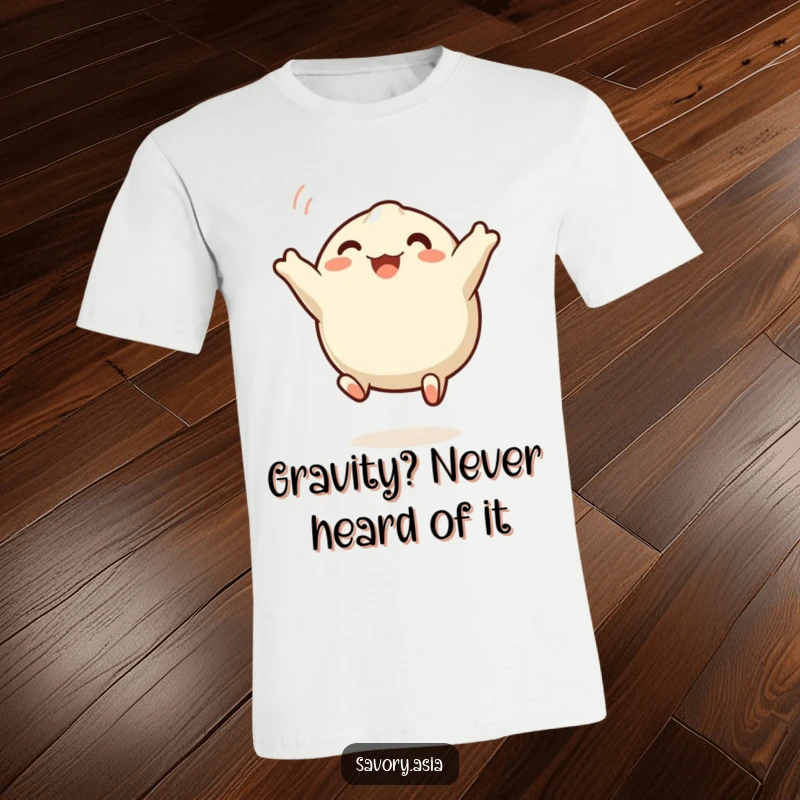 Funny jumping dumpling t-shirt featuring a happy, wide-eyed steamed dumpling in mid-air, exuding pure joy and playful energy.