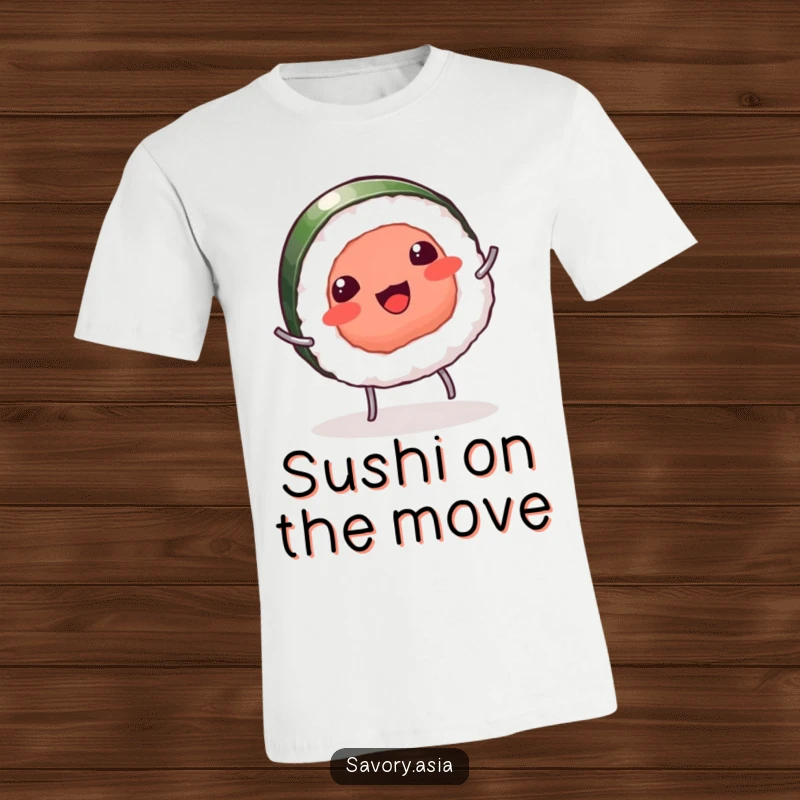 Funny t-shirt featuring a giggling sushi piece with tiny legs doing a cartwheel, representing humorous agility and joy.