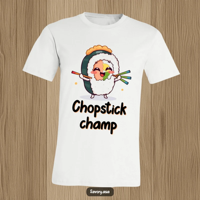 Funny T-Shirt depicting a giggling sushi roll character masterfully juggling various colorful chopsticks in a playful manner.