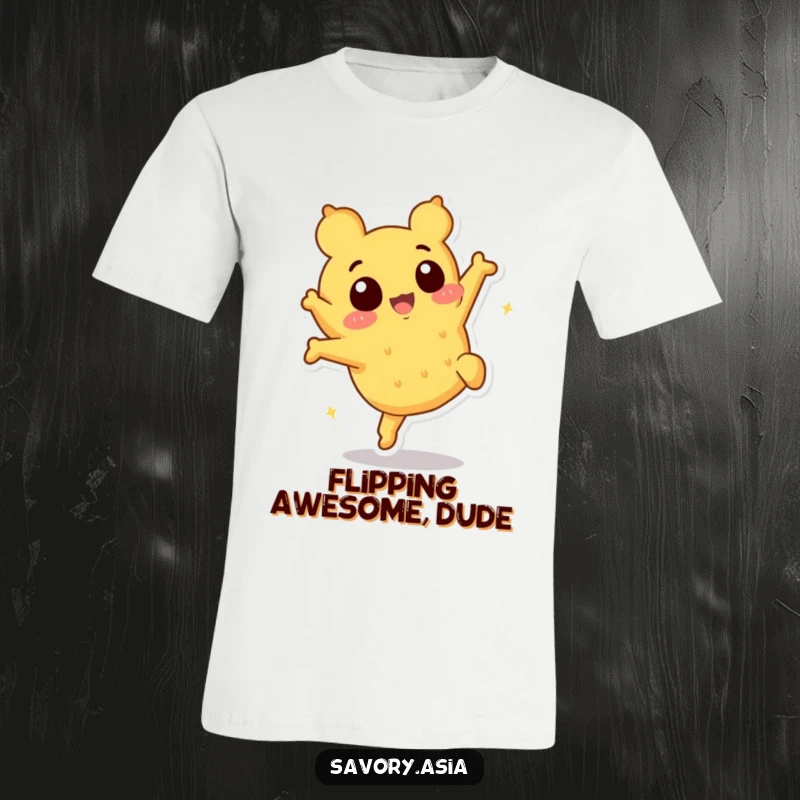 Funny tempura character t-shirt, dynamically shown doing a playful somersault, a humorous piece of apparel.