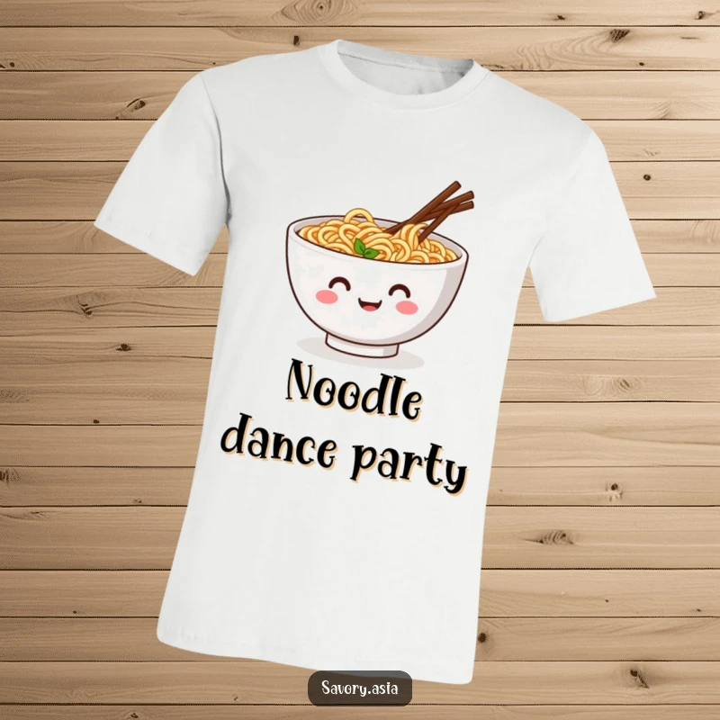 Funny t-shirt featuring a smiling ramen bowl with wiggling chopsticks doing a jig, representing humorous food appreciation.