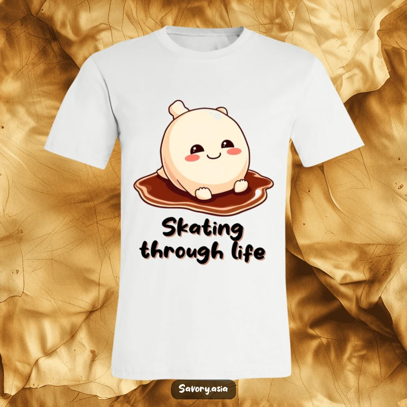 Funny sliding potsticker t-shirt with a mischievous grin, depicted mid-slide on a soy sauce puddle, radiating playful energy.