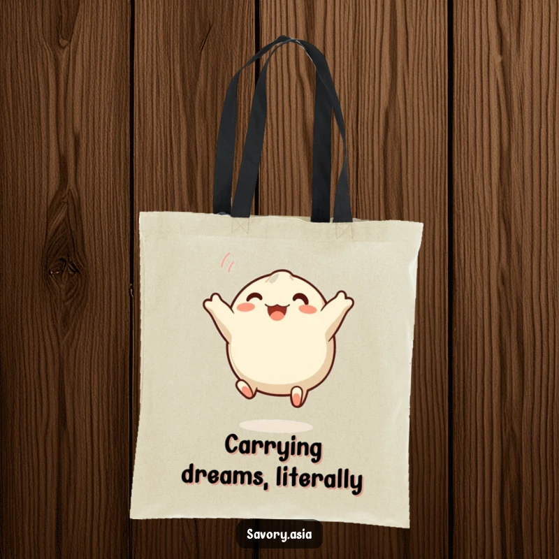 Funny dumpling tote bag featuring a cheerful steamed dumpling energetically leaping, ideal for carrying groceries with a side of humor.