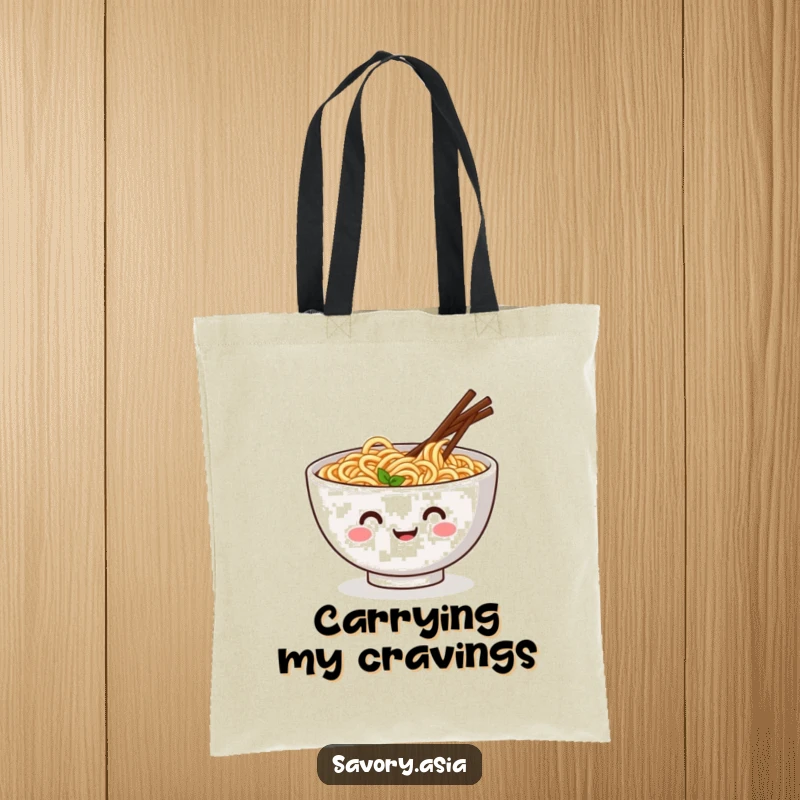 Funny tote bag of a smiling ramen bowl with wiggling chopsticks doing a jig, perfect for carrying groceries with humorous flair.