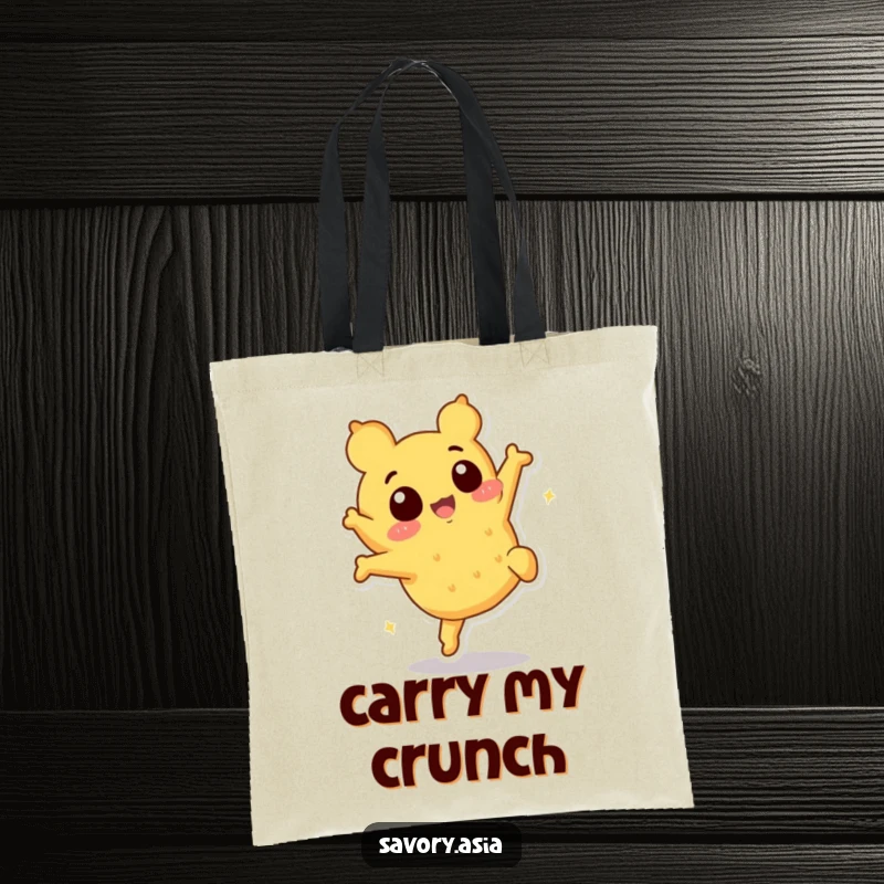 Funny tempura character tote bag, illustrating a playful somersault, perfect for carrying items with a humorous touch.